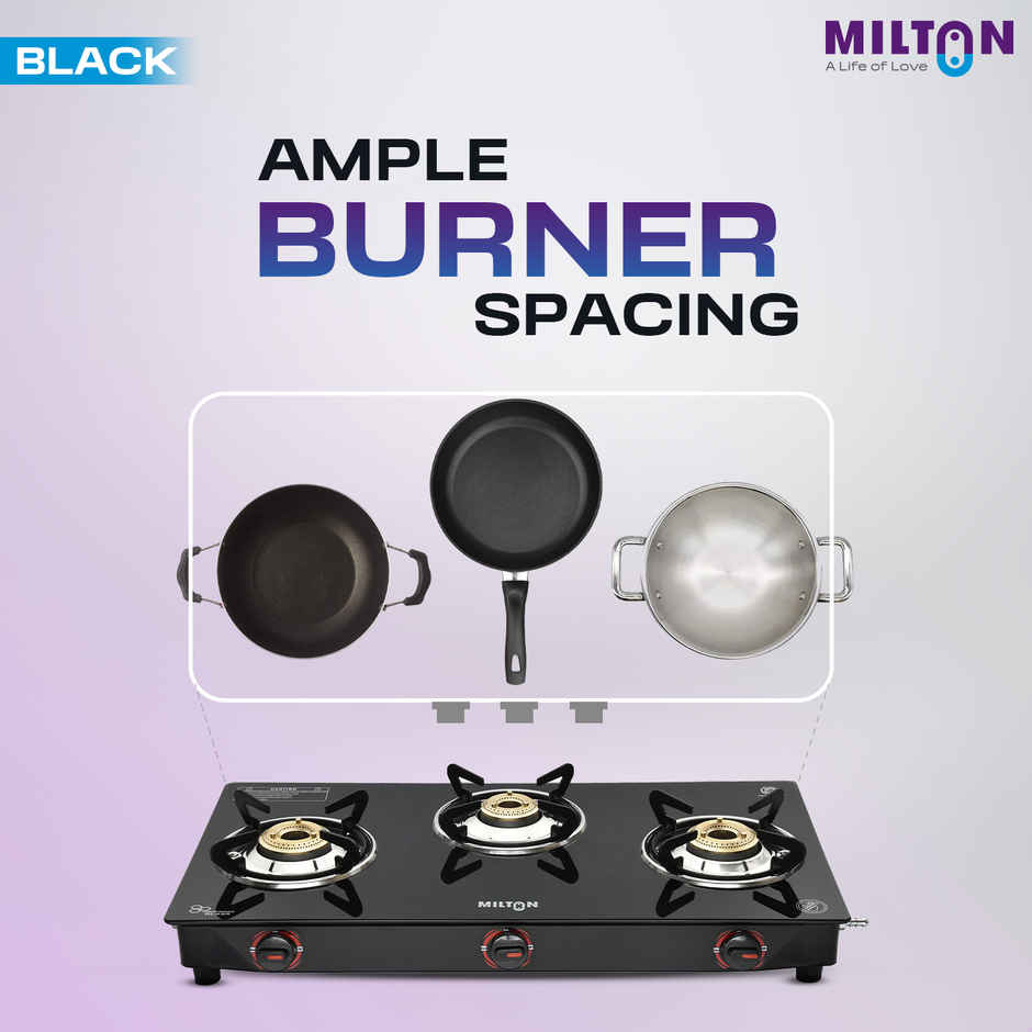 Milton Premium 3 Burner Black Manual Ignition Glass Top Gas Stove | ISI Certified