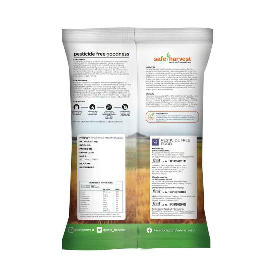 Safe Harvest Pesticide-Free Whole Wheat Atta | Sharbati Wheat | High Fibre