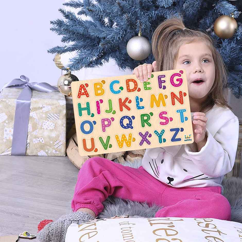 Webby Wooden Colorful Alphabets, Counting Numbers and Shapes Puzzle for Preschool Kids - Set of 6