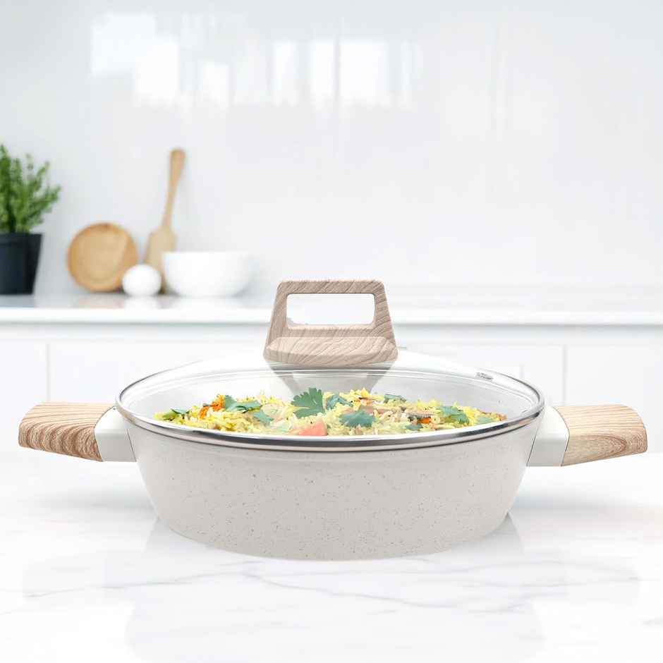 Solara Belmont Ceramic Non Stick Kadhai with Lid | Ivory | 24 cm | 2.2 L