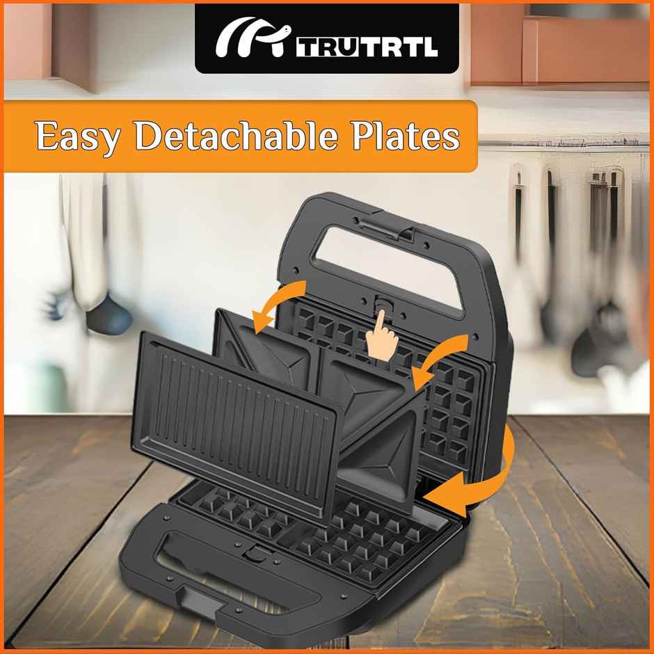 truTRTL Premium 3-in-1 Sandwich Maker Electric with Detachable Plates| 800W| Silver