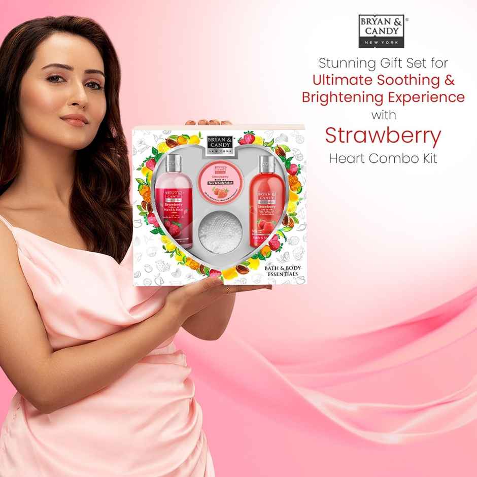 Bryan & Candy Strawberry Heart Kit Combo|Shower Gel|Hand-Body Lotion|Body Polish|Loofah|Pack Of 3