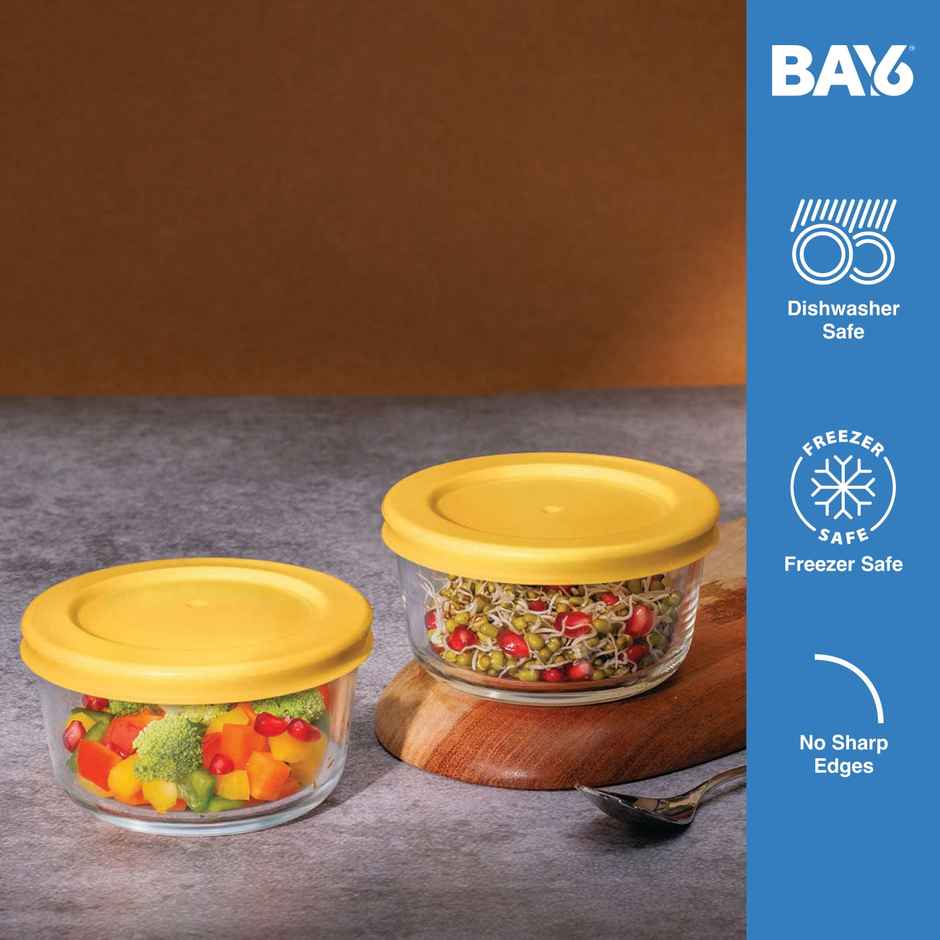 BAY6 Premium Imported Borosilicate Glass Container with Lid -236 ml - Round - Set of 2 - Yellow