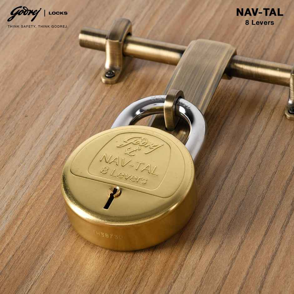 Godrej Navtal 8 Levers 85mm Padlock | 3 Keys | For Main Door, Gate, Tool Box | Brass Finish