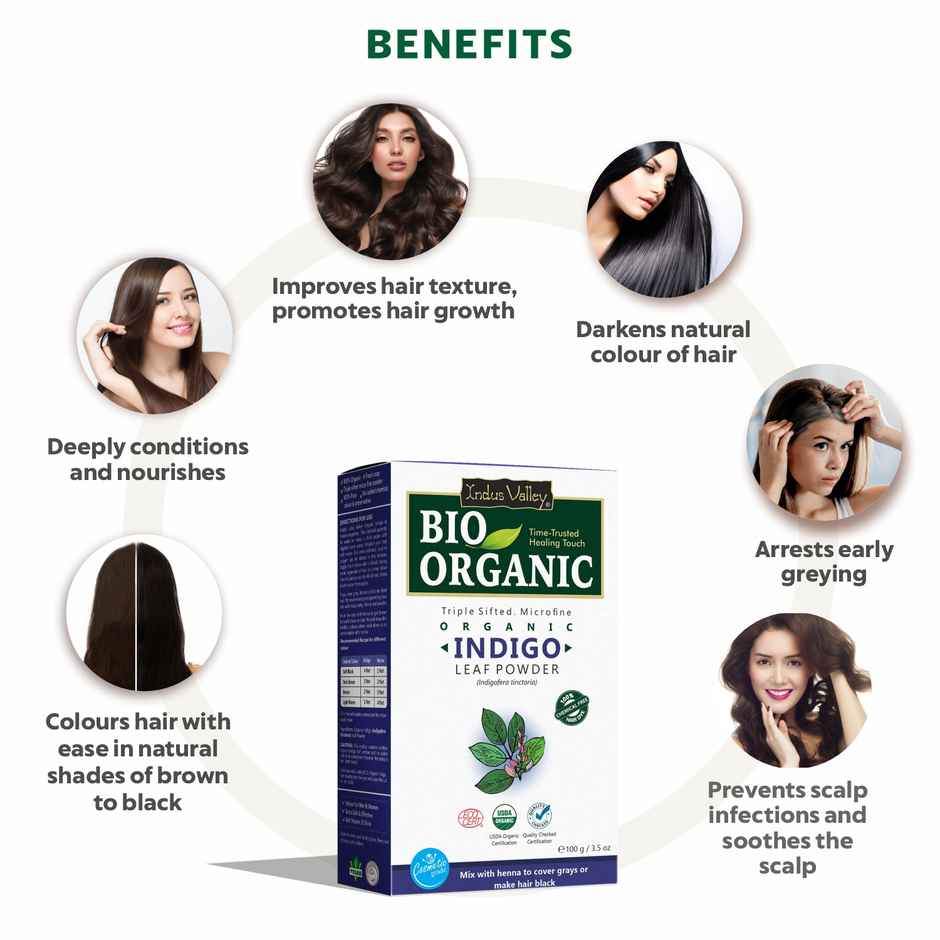 Bio Organic Natural Indigo Powder by Indus Valley for Natural Hair Colour Supports Healthy Hair