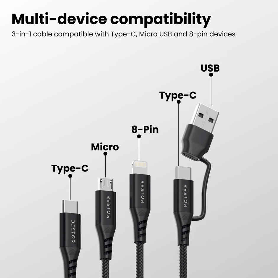 Bestor 60W USB C Multi Fast Charging Cable Nylon Braided Cord 5-in-1 3A USB/C to Type C/Micro/Phone Fast Sync Charger Cable Compatible with Laptop/Tablet/Phone (1.5 M) - Black