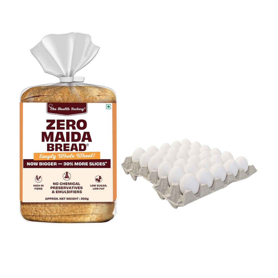 The Health Factory Zero Maida Bread - Simply Whole Wheat(350gms) & Arora White Eggs 30 Piece(30pc) Combo