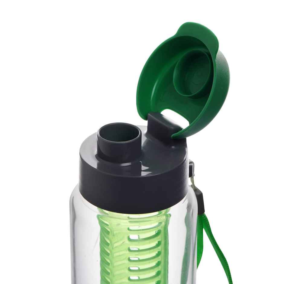 Cello Detox Fruit & Tea Infuser Glass Water Bottle | Wide Cap Sealed With Flip Top | Green | 750 ml