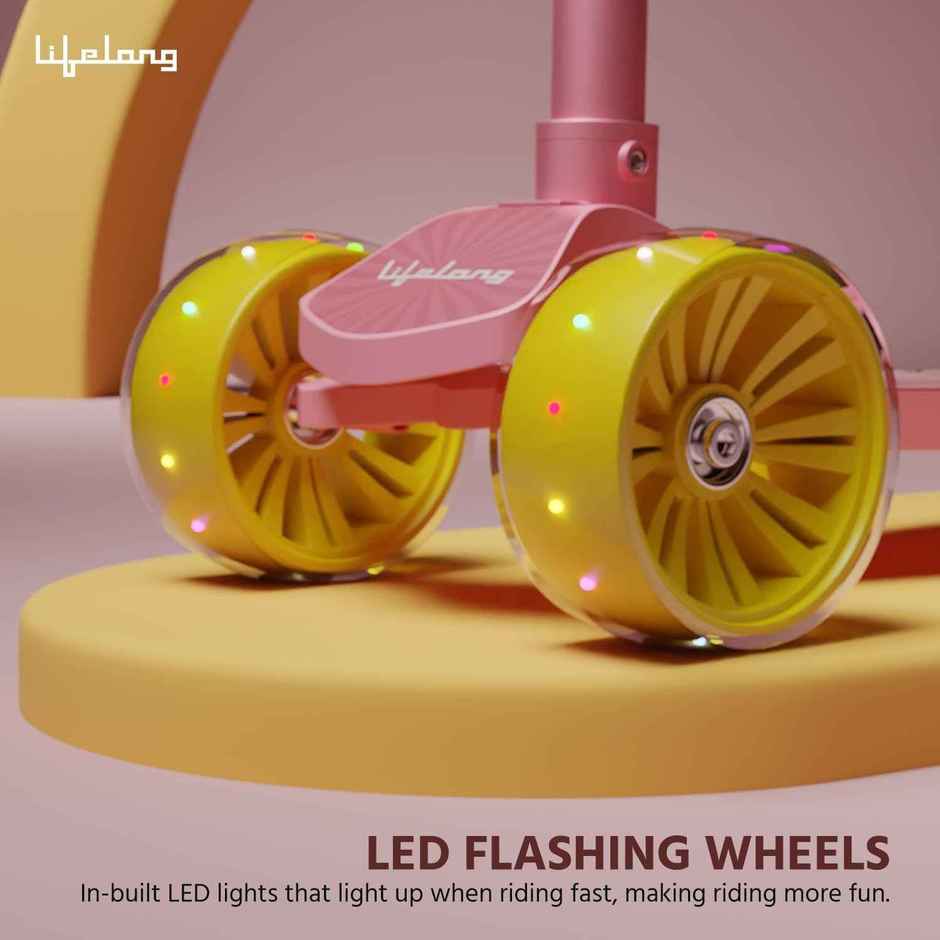 Lifelong Foldable Kids Scooter with LED Wheels | Max 50kg | Pink & Yellow