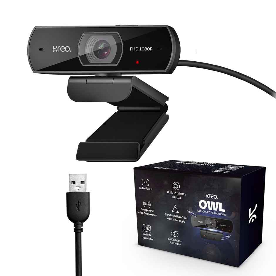Kreo Owl Full HD Webcam with 1080P 60 FPS, Auto-Focus and Built-in Dual Digital Mic, Plug and Play Setup for Video Call, Streaming, YouTube and More (Black, Owl)