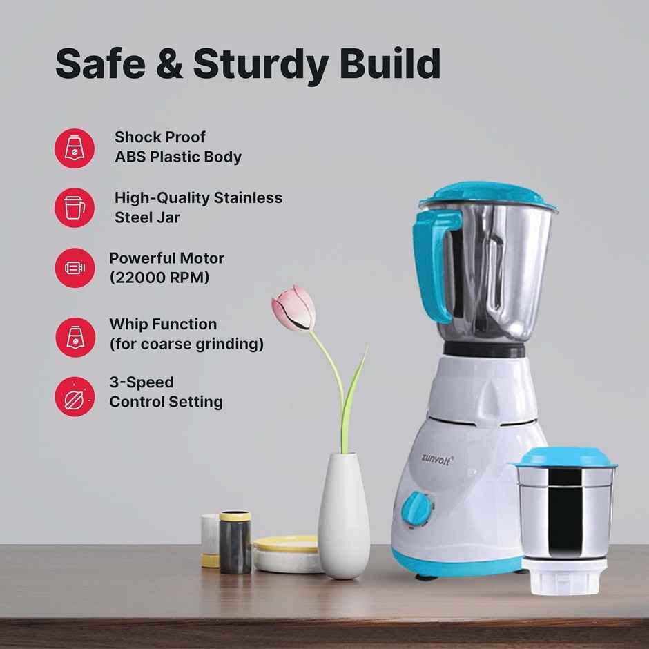 ZunVolt Power MG5 Mixer Grinder | 500 W | 2 Jars - White & Turquoise