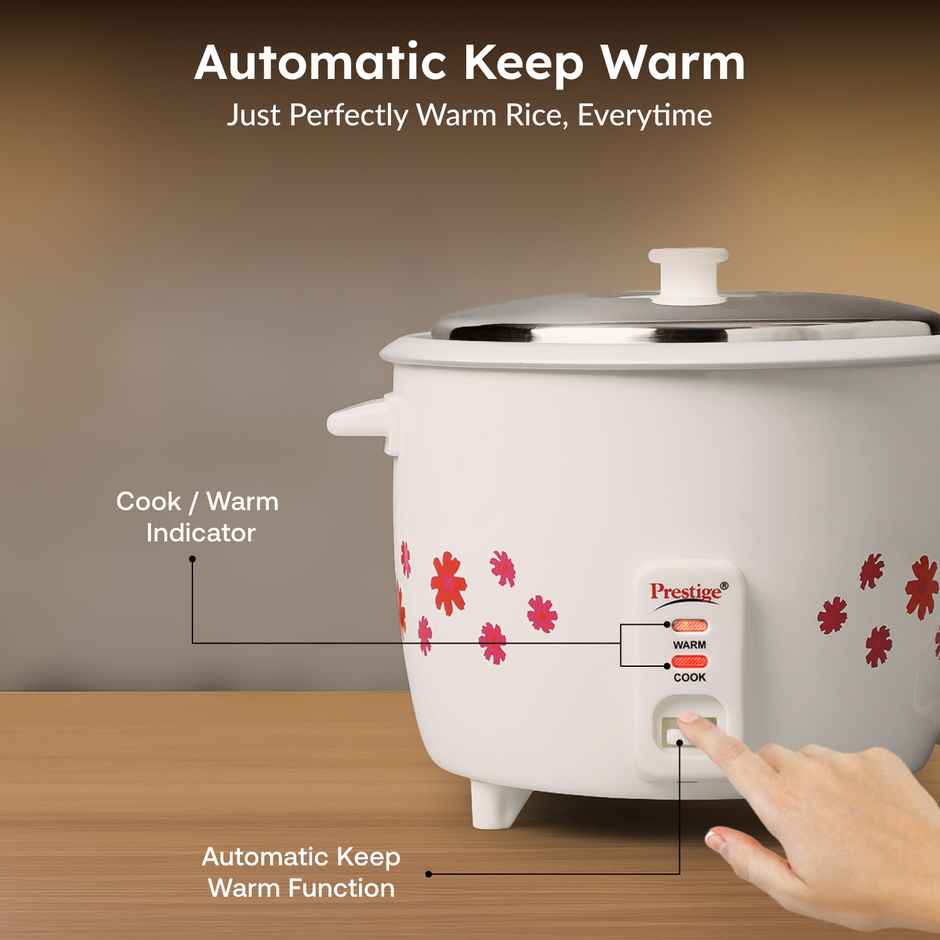 Prestige 1.8L Delight Electric Rice Cooker, 700 Watts, Cool Touch Handles, 1Y Warranty, White & Grey