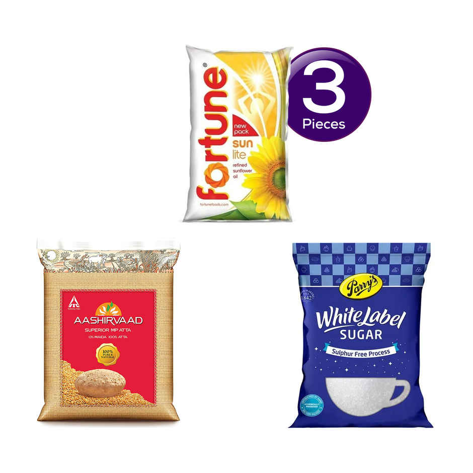 Fortune Sunlite Refined Sunflower Oil (Pouch)(1 l), Aashirvaad Superior MP Whole Wheat Atta(10 kg) & Parrys White Label Sugar(1 kg) Combo