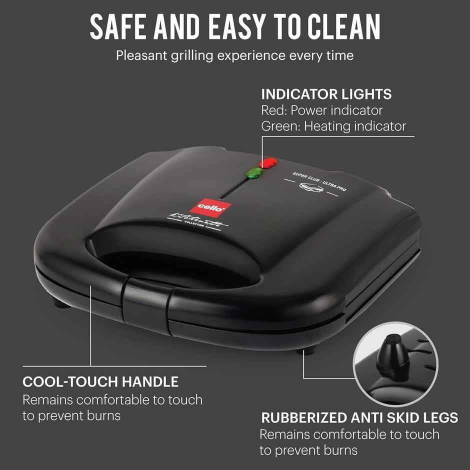 Cello Super Club Ultra Pro 800W Grill Sandwich Toaster with Fixed Grill Plates, Black, Heat Resistant Bakelite Body, Non-Stick Coating, Power Indicators - Black