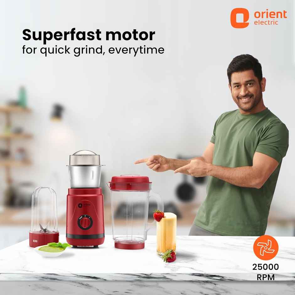 Orient Electric Compact Mixer Grinder Geenie - Mggn40Rb3 | 400W | 25000 Rpm | 3 Jars | Red