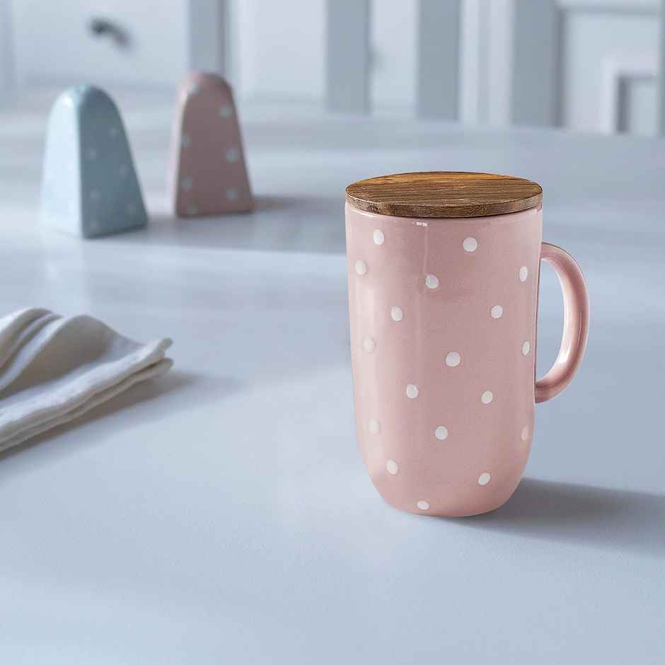 Ellementry Ceramic Mug Tall Polka Dots W/Wdn Lid Blush