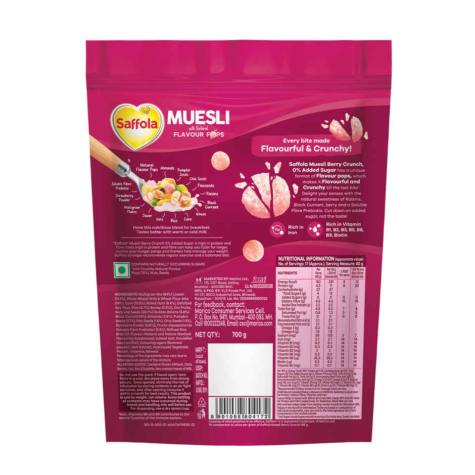 Saffola Muesli 0% Added Sugar Berry Crunch With Flavour Pops | Helps Manage Weight