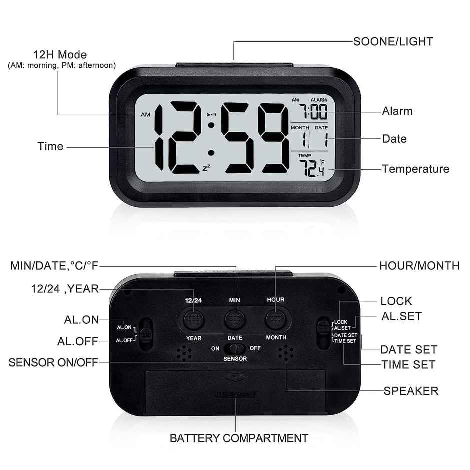 Perpetual Automatic Sensor, Time, Date & Temperature Clock | Black - 9 x 5 cm