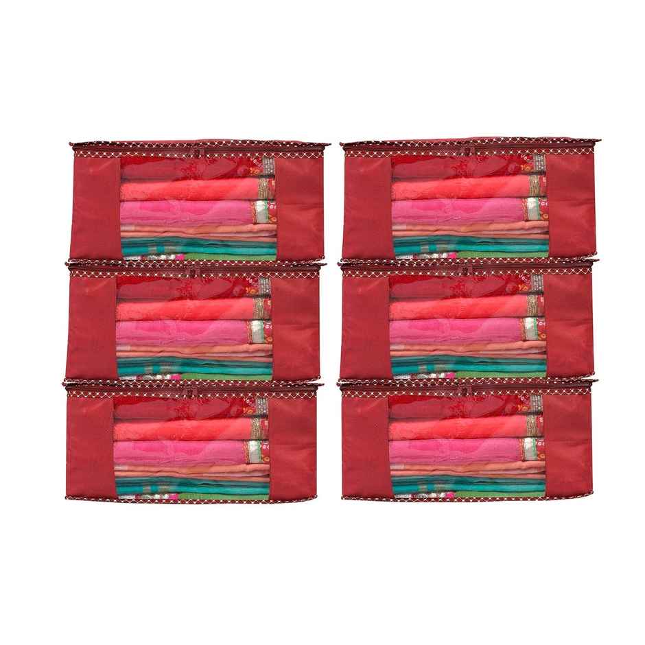 Perpetual Saree Organizer - Foldable Cover with Zip | Transparent Window | Red | Pack of 5