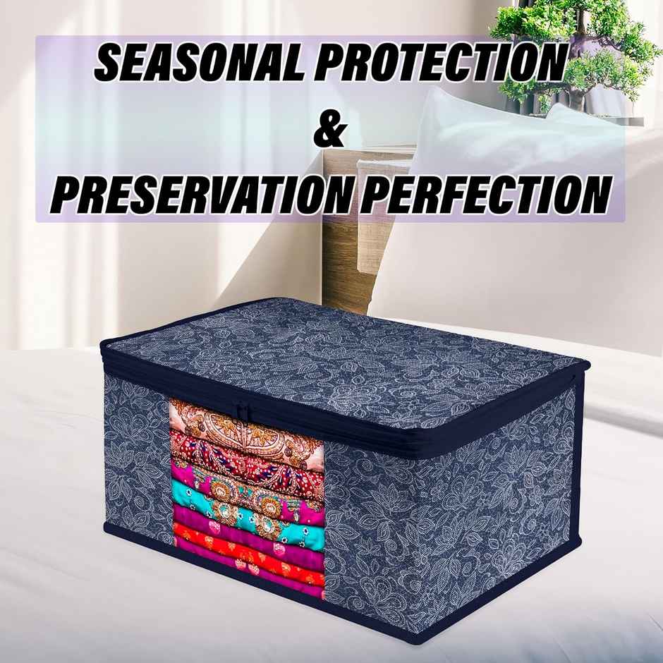 Kuber Industries Flower Printed Saree Storage Bag with Visible Window|9 Inch|Pack of 6|Navy Blue