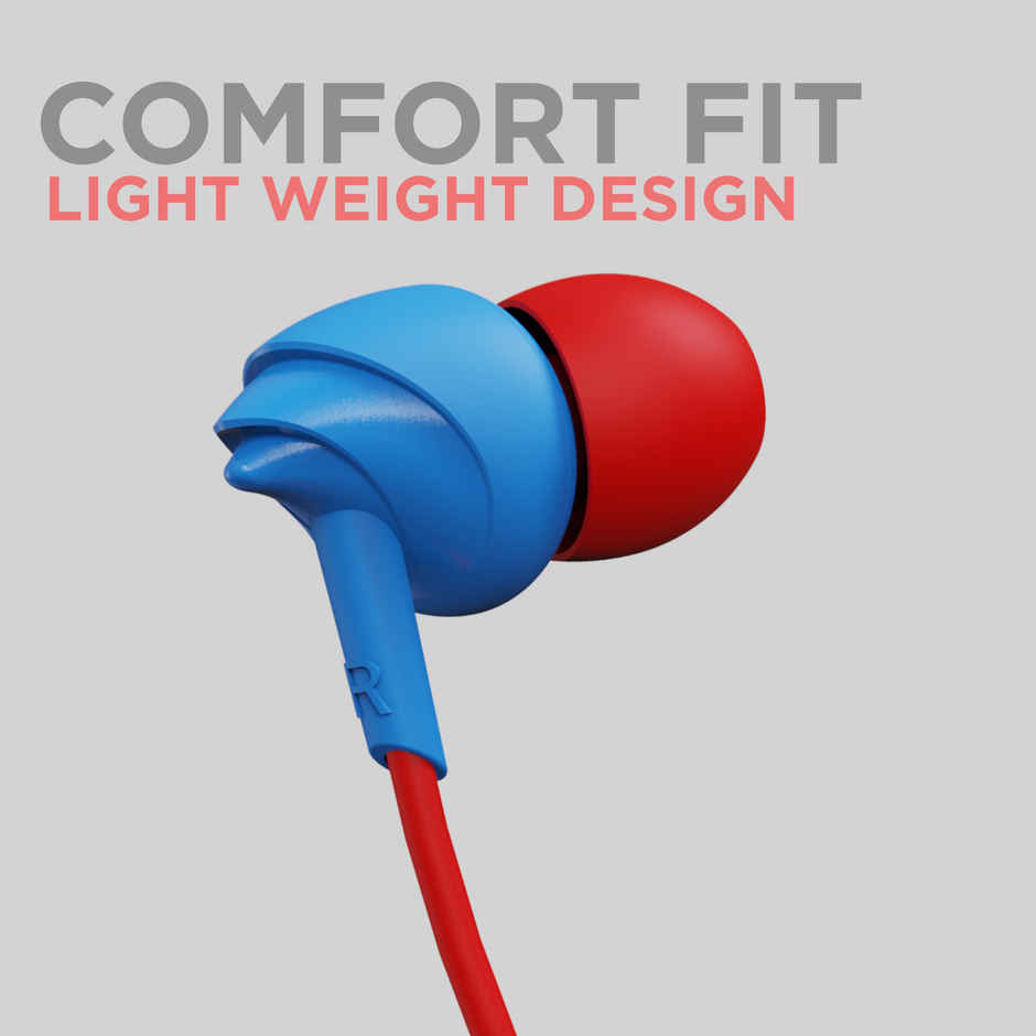 boAt BassHeads 100 Wired Earphones with Hawk Inspired Design, Super Extra Bass & Mic (Red & Blue)