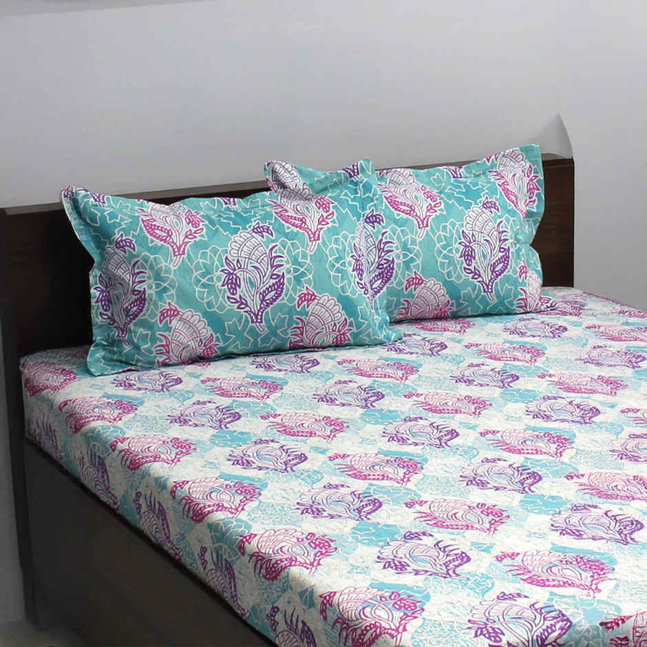 Bombay Dyeing Ivyrose 110 Tc 100% Cotton Olive Purple Queen Bedsheet With 2 Pillow Covers