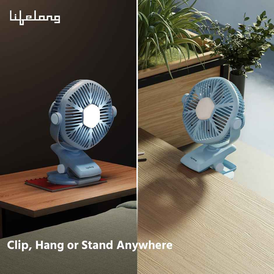 Lifelong 125mm Rechargable Fan with Clip & LED Light|Portable Fan, USB Fan, Mini Fan, Table Fan, Small Fan, Car Fan, Kitchen Fan|5hr Battery Back-up, 3 Speed Settings, Low Noise, Energy Efficient - Blue