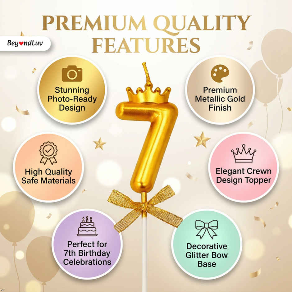 BeyondLuv Candles for Kids Birthday Party- 7 Golden Number Candle With Crown For Girls Boys Birthday