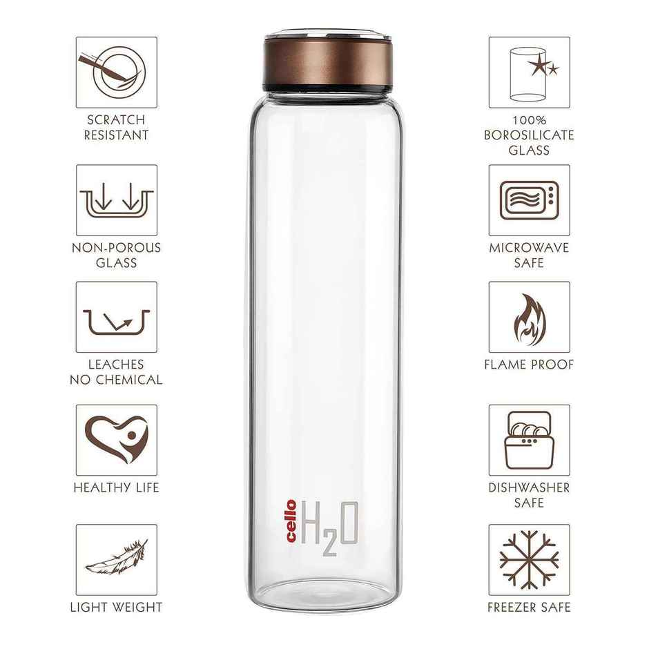 CELLO H2O Glass Fridge Water Bottle with Cap 1000ml, Copper | Food Grade, Microwave & Freezer Safe