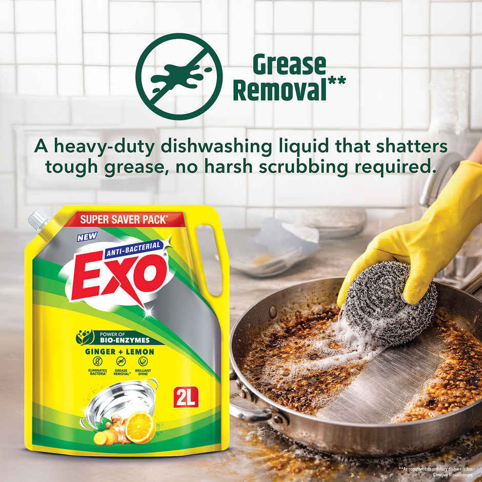 Exo Ginger & Lemon Anti Bacterial Dishwash Liquid | Tough Grease Removal with Power of Bio-Enzymes