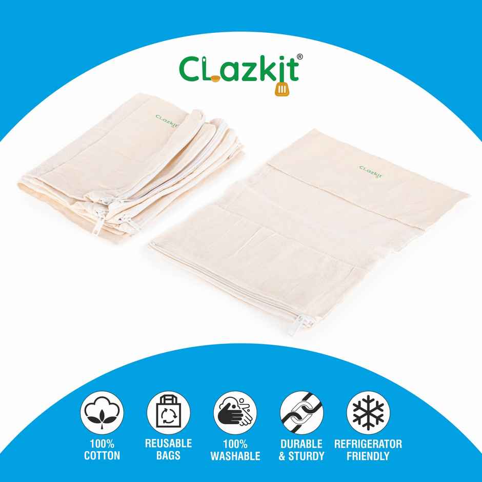 Clazkit Cotton Vegetable Bags Fridge Storage Bag | 10 x 14 Inch | PACK OF 6