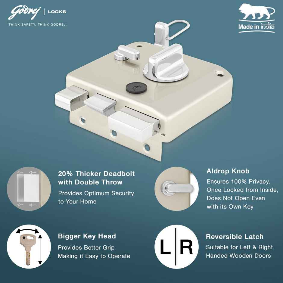Godrej Rim Lock Tribolt Ultra XL+ 1Ck | Home Main Door | Satin Nickel Finish | 5-Year Warranty