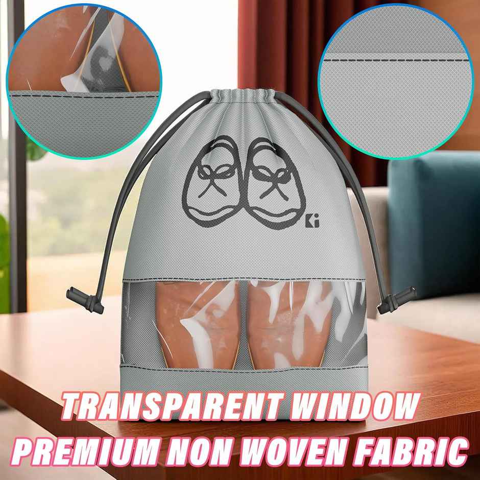 Kuber Industries Non Woven Pack of 12 Shoe Cover/String Bag Organizer Transparent Window | Grey