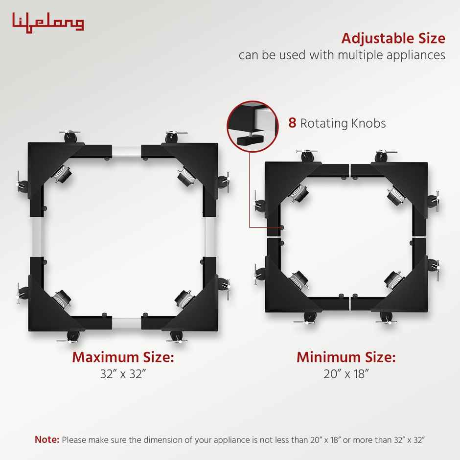 Lifelong Washing Machine Stand - Adjustable Metal Kitchen Trolley With Rubber Pads Black and White