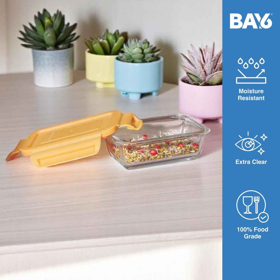 BAY6 Premium Imported Borosilicate Glass Container with Lid 180 ml - Rectangle - Yellow