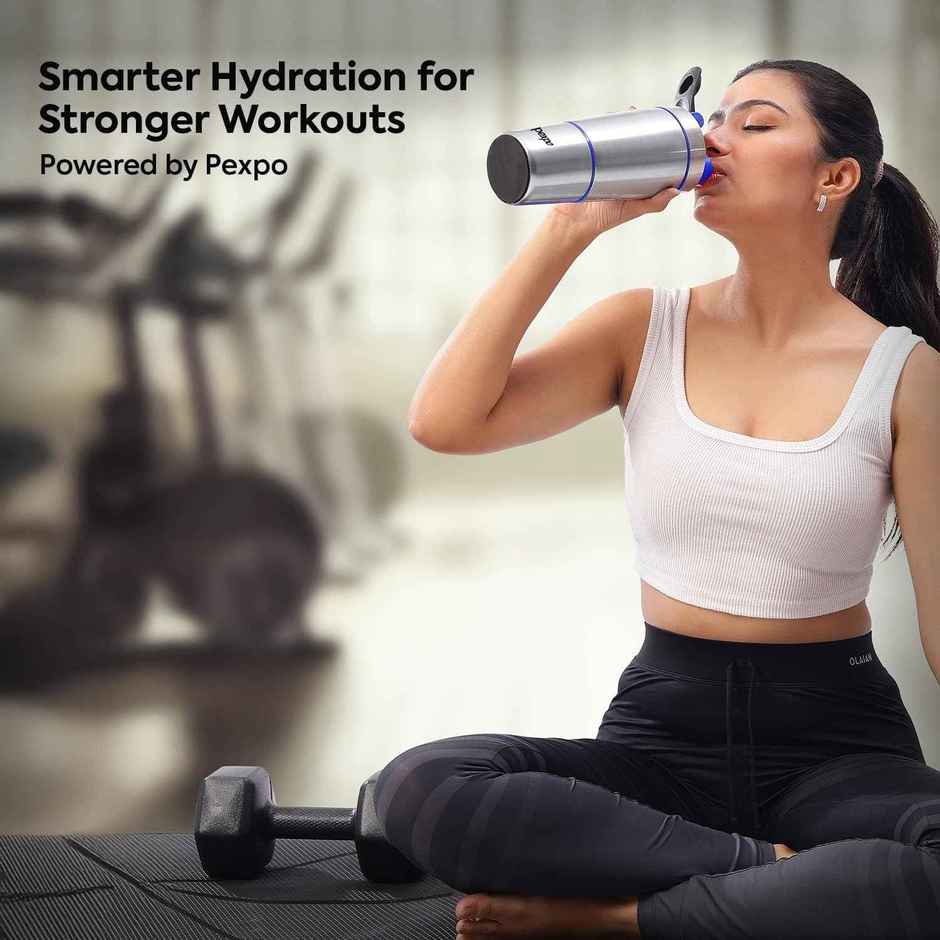 Go24 | Pexpo Kinetic Stainless Steel Gym Sipper with Extra Compartment | Blue & Steel | 850 ml