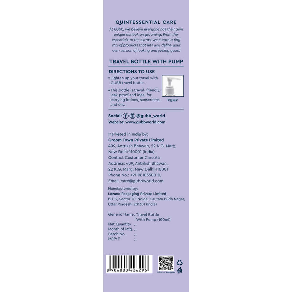 GUBB Travel Bottle With Pump | 100 ml