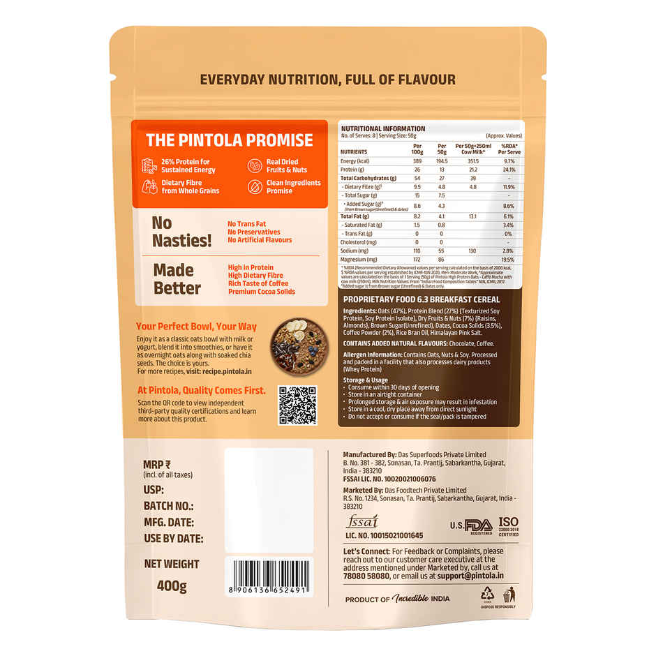 Pintola 26g High Protein Oats | Caffe Mocha - No Refined Sugar - With Almonds & Raisins
