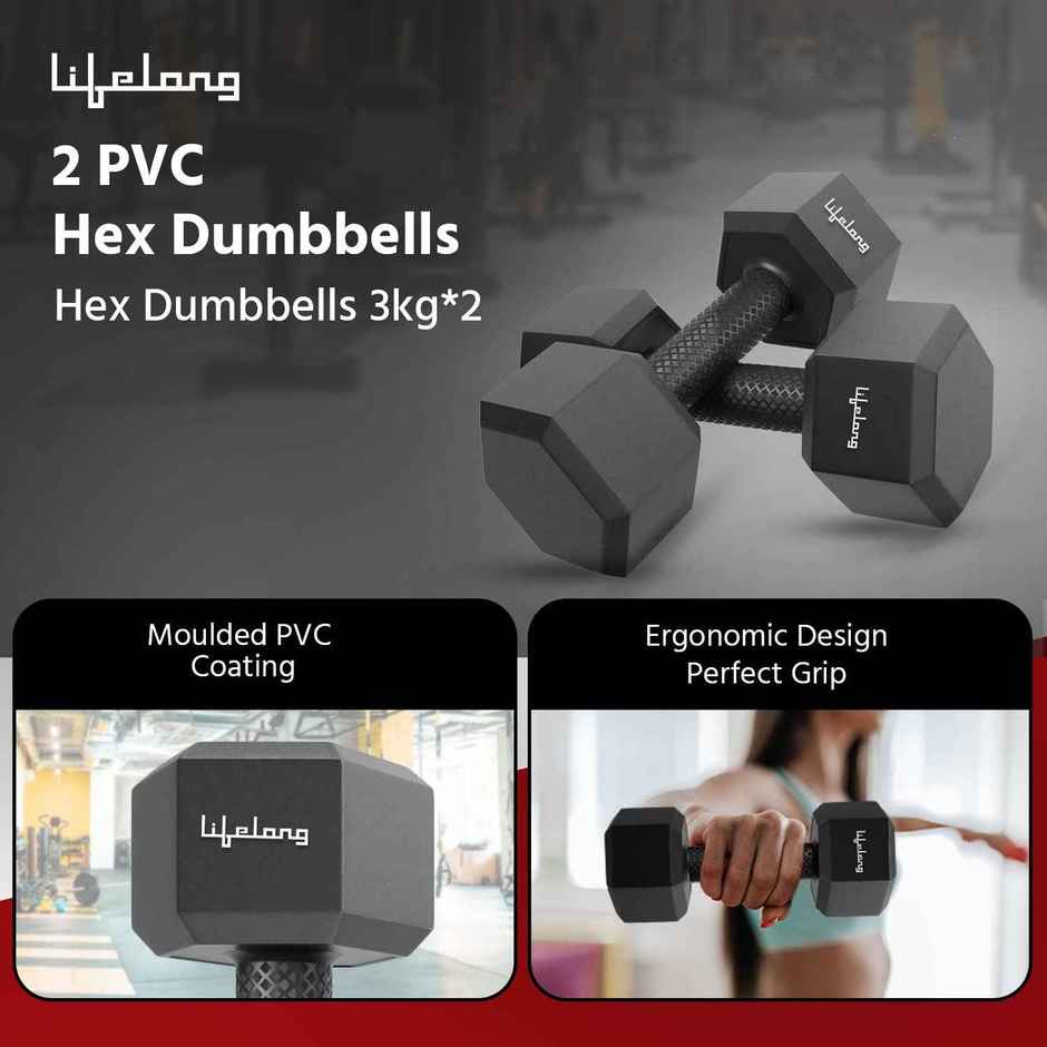 Lifelong PVC Hex Dumbbells for Home Workout | Black | 2 x 3 kg