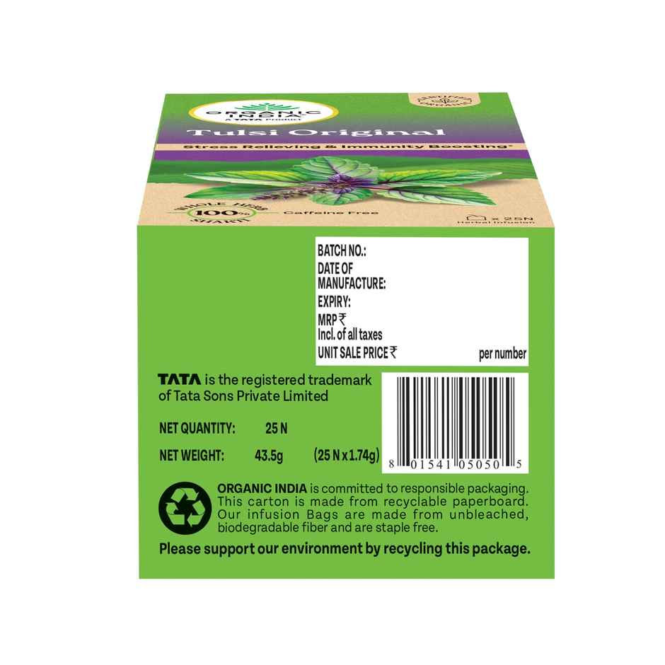 A TATA Product - Organic India Tulsi Original - 25 Tea Bags, Rich in Antioxidants, Staple-Free Bag