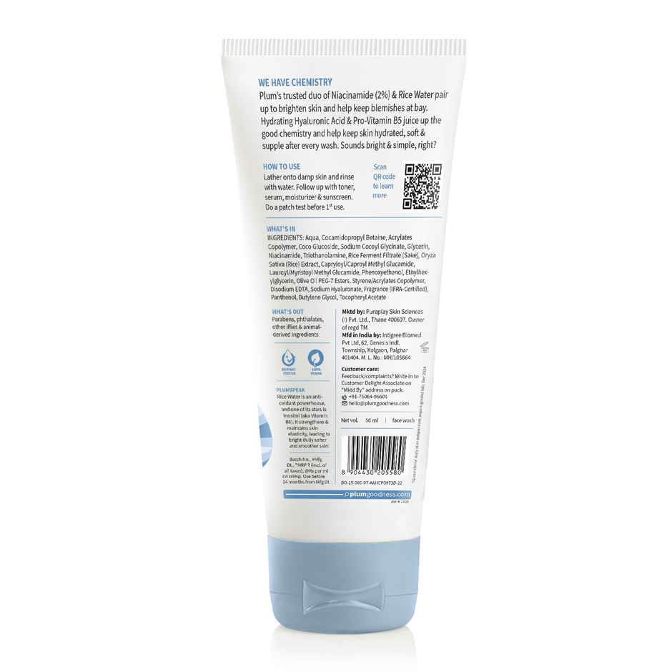 Plum Simply Bright 2% Niacinamide Face Wash With Rice Water Brightens Skin | Helps Fade Blemishes