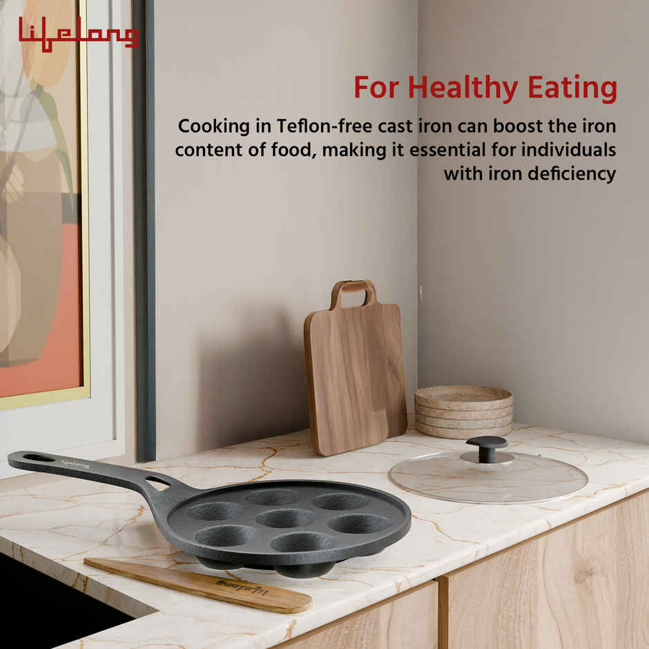 Lifelong Cast Iron Paniyaram Pan 7 Pits with Glass Lid