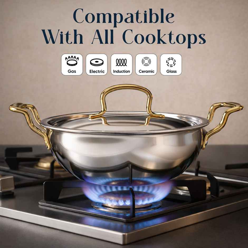 Solara MontClaire Triply Stainless Steel Kadhai with Golden Handle | 22 cm | 2.3 L