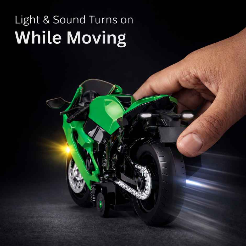 Race n Roll Light & Sound Bolt Racer Bike Toy Pull back Action Green