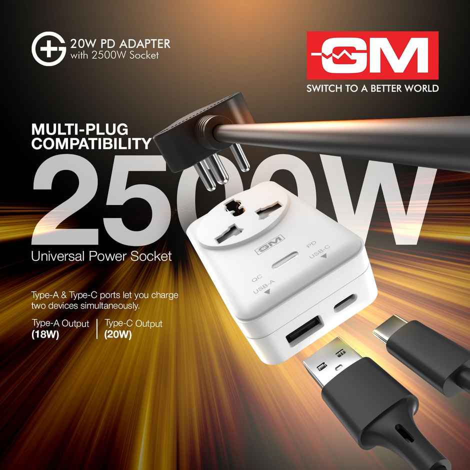 GM G+ 3-in-1 20W PD Fast Charging Adapter with 2500W Universal Socket