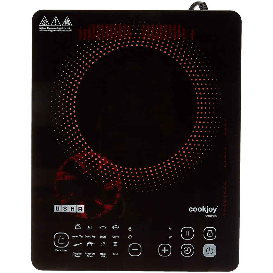 Usha Induction Cooktop -2000W Touch Panel, Pan Sensor, 8 Pre-Set Menu, 8-Stage Power Setting, Black