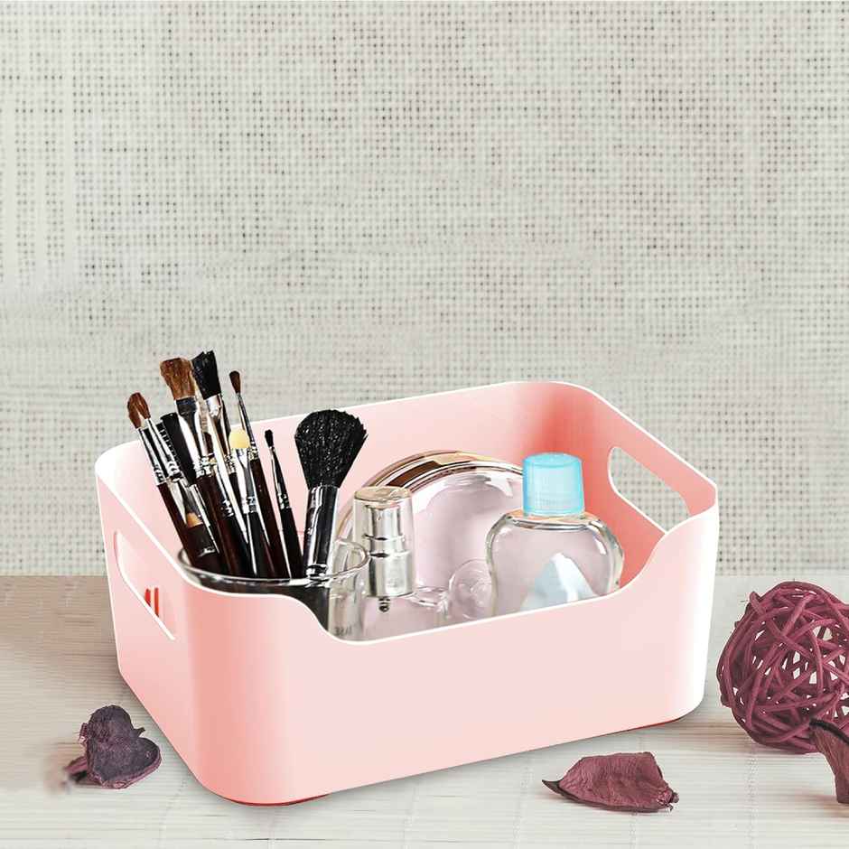 Kolorr Jolly Plastic Medium Basket With Handle For Storage Box|Pack Of 3 - Pink