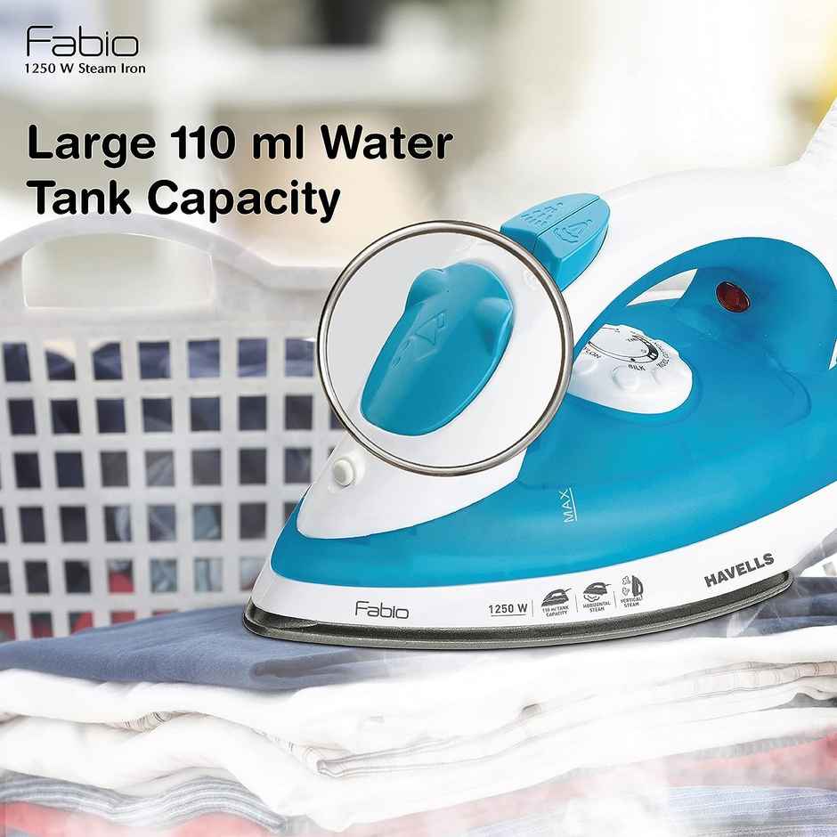 Havells Fabio 1250W Steam Iron, Teflon Coated Soleplate, Quick Heat-Up, 110ml Water Tank - Blue