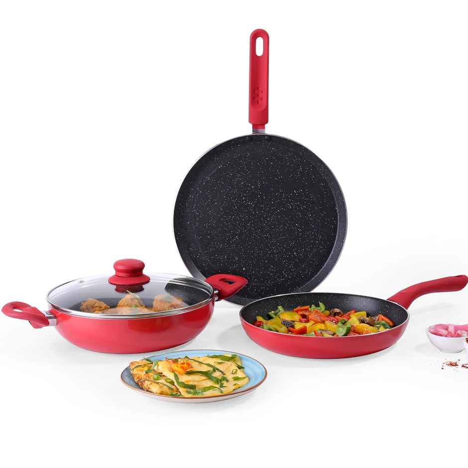 Wonderchef Milano Non Stick Cookware 4 Piece Set, Red/Black