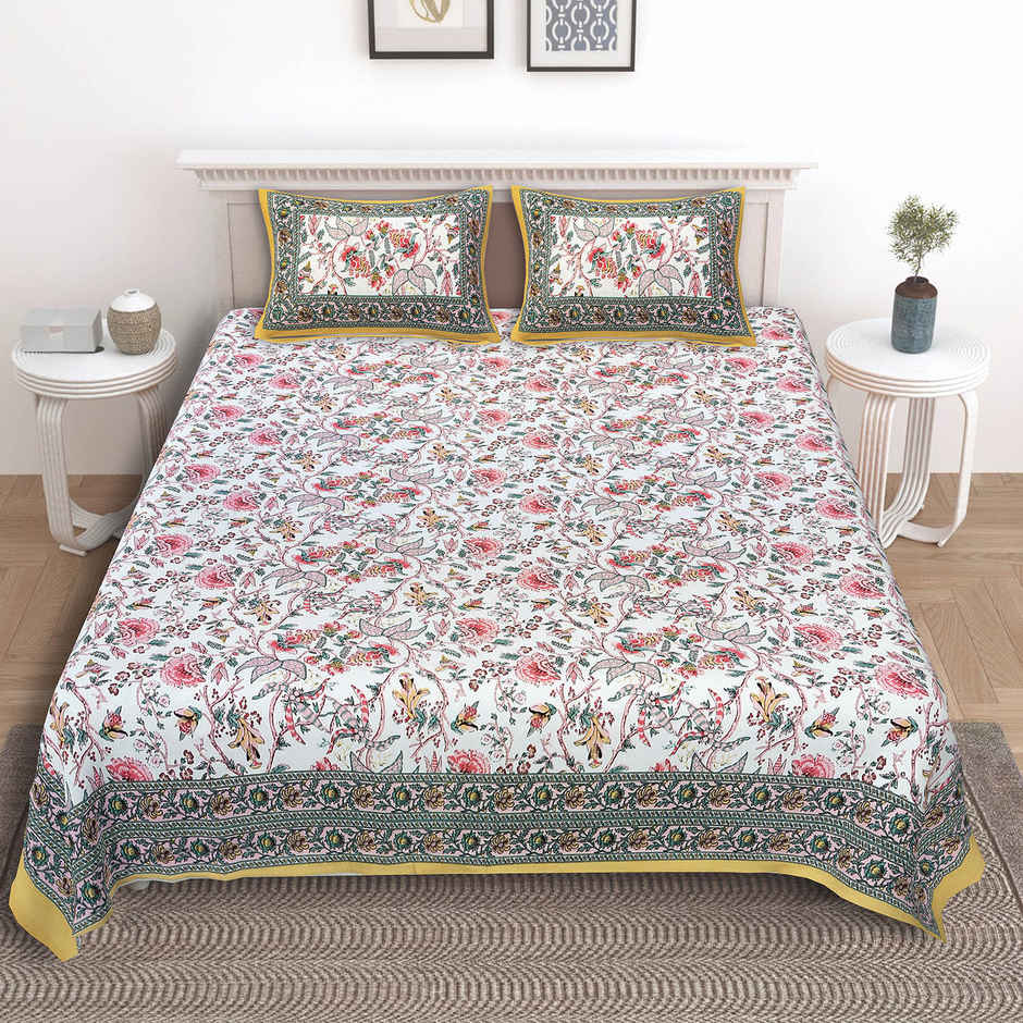 BAY6 100% Cotton King Bedsheet | Motifs in Pink and Teal | 104 x 88 in